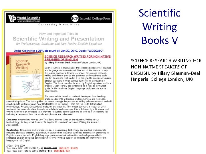 Scientific Writing Books V SCIENCE RESEARCH WRITING FOR NON-NATIVE SPEAKERS OF ENGLISH, by Hilary