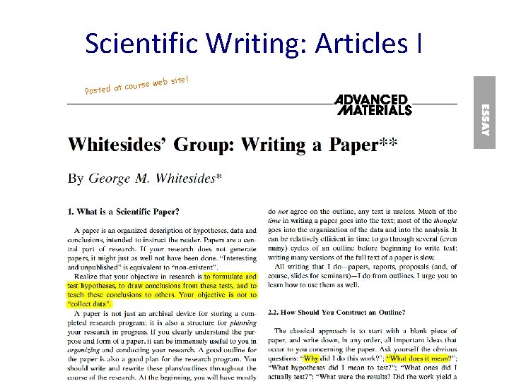 Scientific Writing: Articles I urse web co Posted at site! 