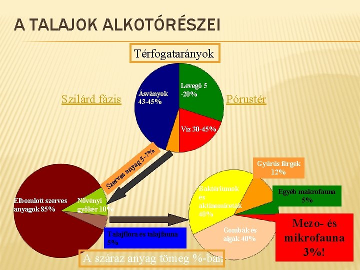 A TALAJOK ALKOTÓRÉSZEI Térfogatarányok Ásványok 43 -45% Szilárd fázis Levegő 5 -20% Pórustér Víz