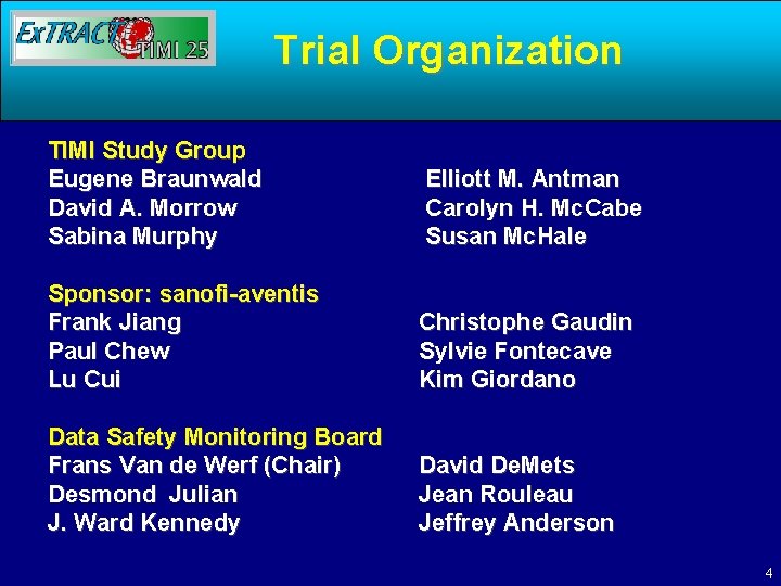 Trial Organization TIMI Study Group Eugene Braunwald David A. Morrow Sabina Murphy Elliott M.