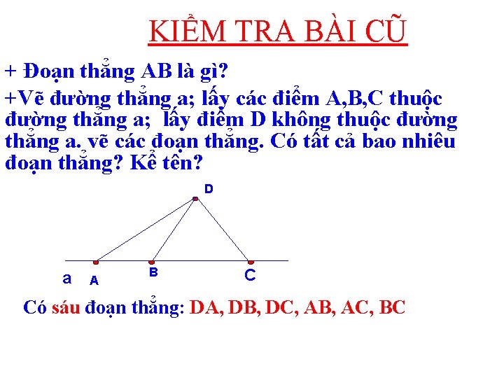 KIỂM TRA BÀI CŨ + Đoạn thẳng AB là gì? +Vẽ đường thẳng a;