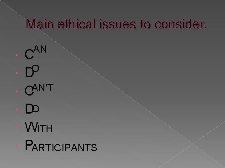 Main ethical issues to consider. AN C O D CAN’T DO WITH PARTICIPANTS 