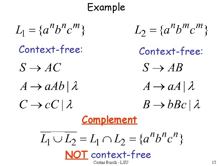 Example Context-free: Complement NOT context-free Costas Busch - LSU 15 