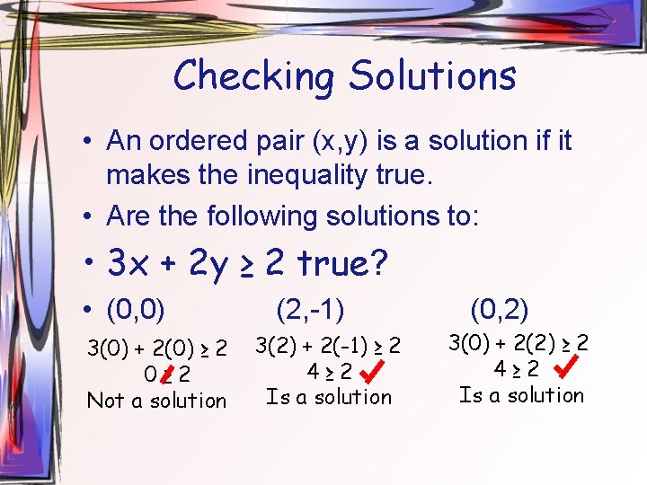 Checking Solutions • An ordered pair (x, y) is a solution if it makes