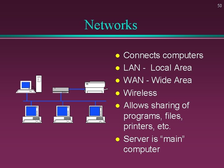 50 Networks l l l Connects computers LAN - Local Area WAN - Wide