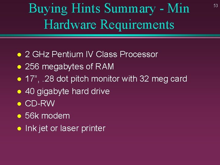 Buying Hints Summary - Min Hardware Requirements l l l l 2 GHz Pentium