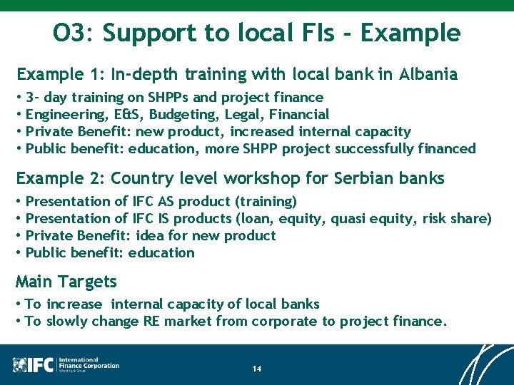 O 3: Support to local FIs - Example 1: In-depth training with local bank