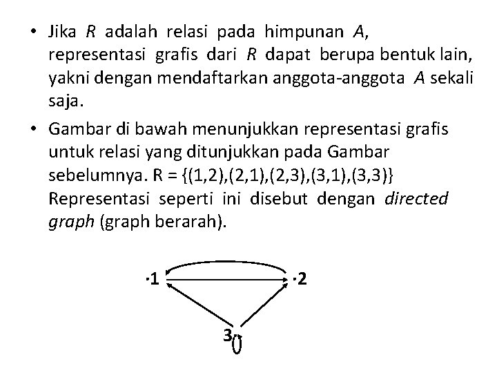  • Jika R adalah relasi pada himpunan A, representasi grafis dari R dapat