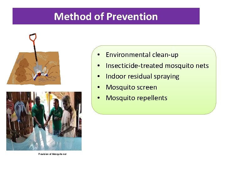 Method of Prevention • • • Provision of Mosquito net Environmental clean-up Insecticide-treated mosquito