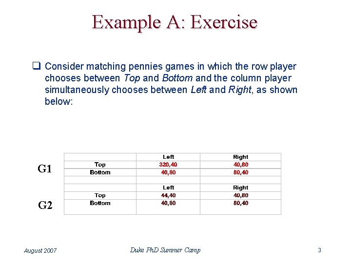 Example A: Exercise q Consider matching pennies games in which the row player chooses