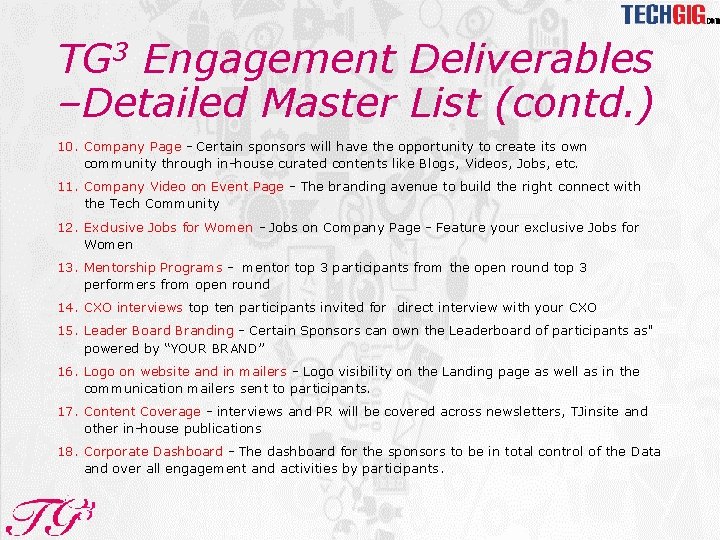 TG 3 Engagement Deliverables –Detailed Master List (contd. ) 10. Company Page - Certain