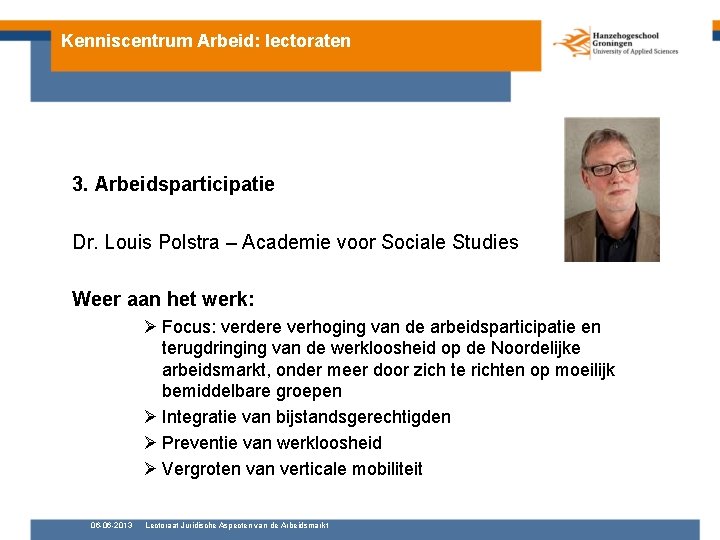 Kenniscentrum Arbeid: lectoraten 3. Arbeidsparticipatie Dr. Louis Polstra – Academie voor Sociale Studies Weer