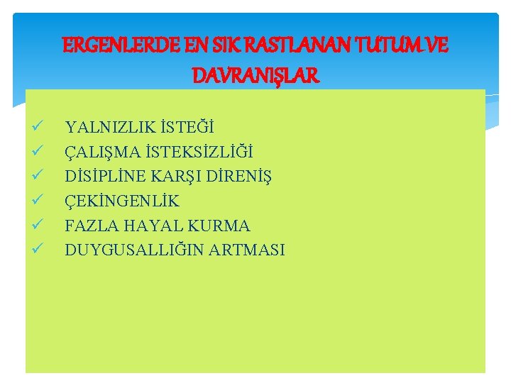 ERGENLERDE EN SIK RASTLANAN TUTUM VE DAVRANIŞLAR ü ü ü YALNIZLIK İSTEĞİ ÇALIŞMA İSTEKSİZLİĞİ