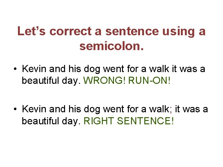 Let’s correct a sentence using a semicolon. • Kevin and his dog went for