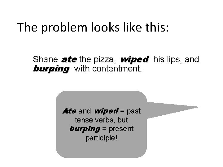 The problem looks like this: Shane ate the pizza, wiped his lips, and burping