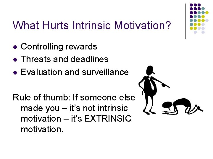 What Hurts Intrinsic Motivation? l l l Controlling rewards Threats and deadlines Evaluation and