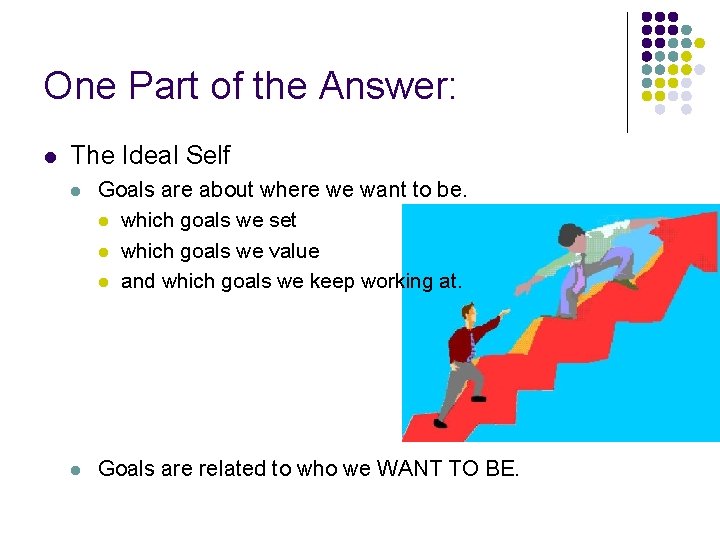One Part of the Answer: l The Ideal Self l Goals are about where