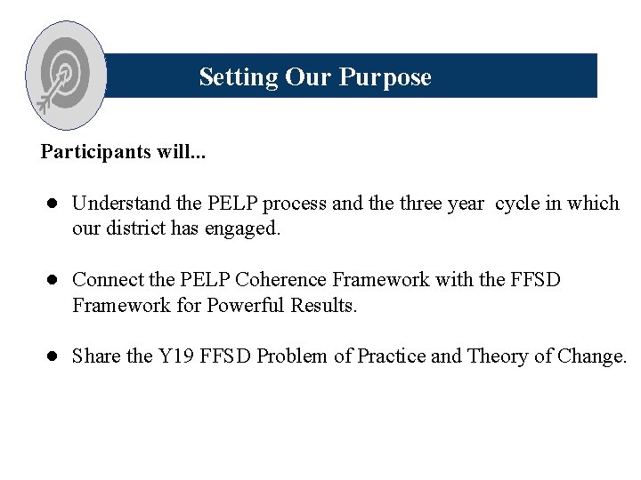 Setting Our Purpose Participants will. . . ● Understand the PELP process and the
