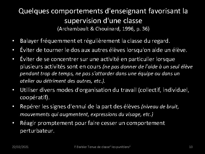 Quelques comportements d'enseignant favorisant la supervision d'une classe (Archambault & Chouinard, 1996, p. 36)