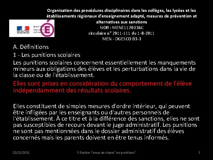 Organisation des procédures disciplinaires dans les collèges, les lycées et les établissements régionaux d'enseignement