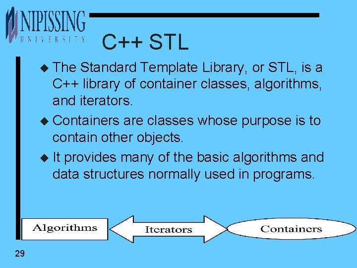 C++ STL u The Standard Template Library, or STL, is a C++ library of