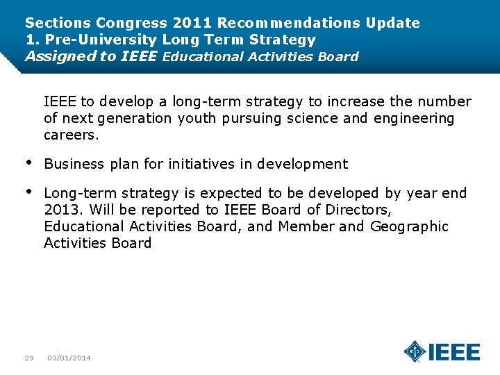 Sections Congress 2011 Recommendations Update 1. Pre-University Long Term Strategy Assigned to IEEE Educational