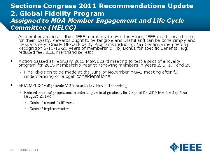 Sections Congress 2011 Recommendations Update 2. Global Fidelity Program Assigned to MGA Member Engagement