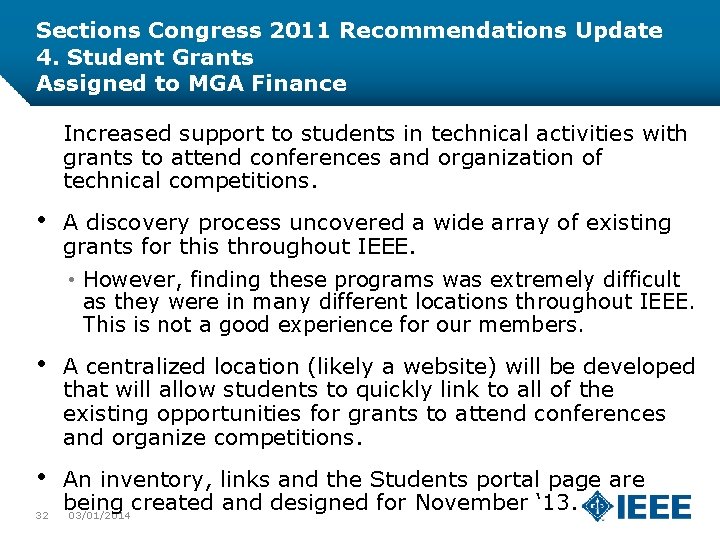 Sections Congress 2011 Recommendations Update 4. Student Grants Assigned to MGA Finance Increased support