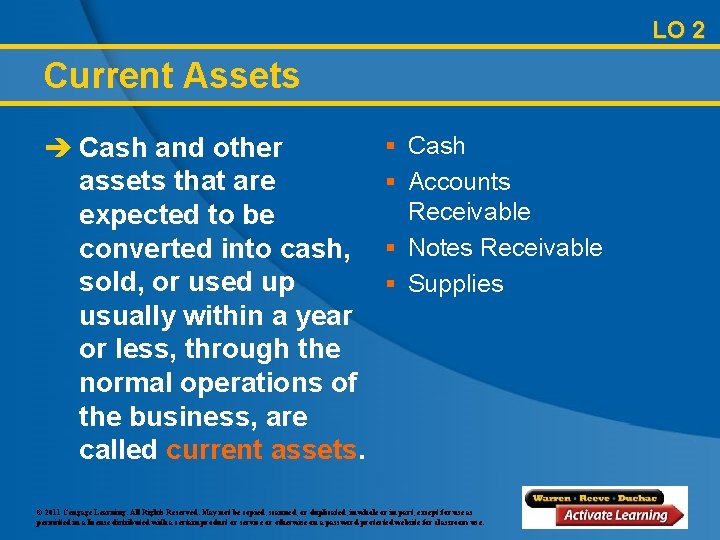 LO 2 Current Assets è Cash and other assets that are expected to be