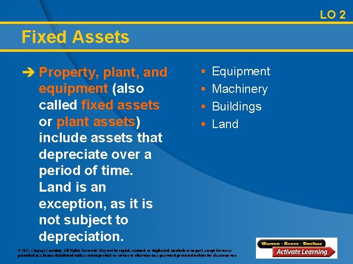 LO 2 Fixed Assets è Property, plant, and equipment (also called fixed assets or