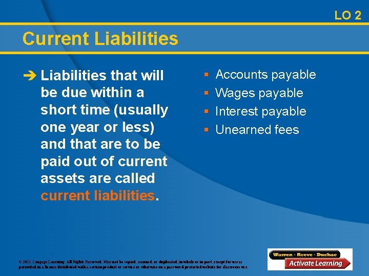 LO 2 Current Liabilities è Liabilities that will be due within a short time