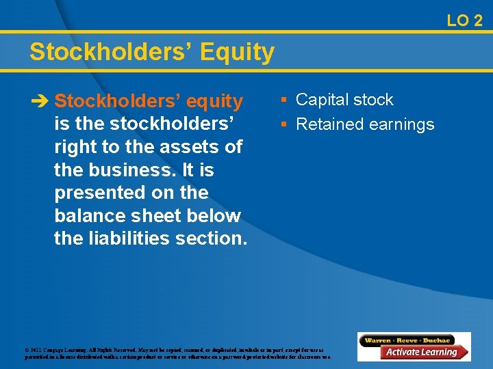 LO 2 Stockholders’ Equity è Stockholders’ equity is the stockholders’ right to the assets