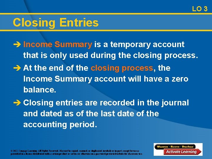 LO 3 Closing Entries è Income Summary is a temporary account that is only