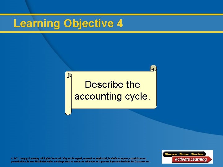 Learning Objective 4 Describe the accounting cycle. © 2011 Cengage Learning. All Rights Reserved.