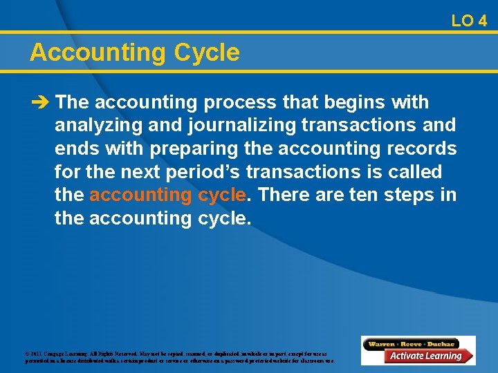 LO 4 Accounting Cycle è The accounting process that begins with analyzing and journalizing