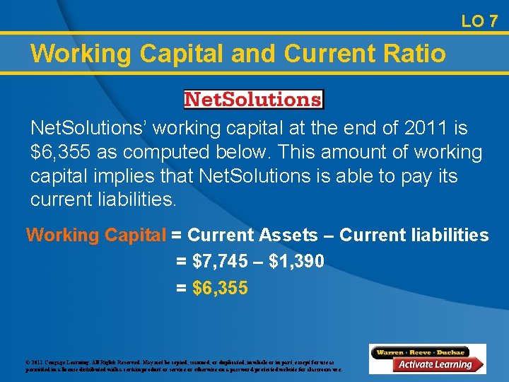 LO 7 Working Capital and Current Ratio Net. Solutions’ working capital at the end