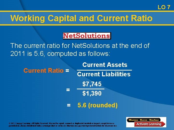LO 7 Working Capital and Current Ratio The current ratio for Net. Solutions at