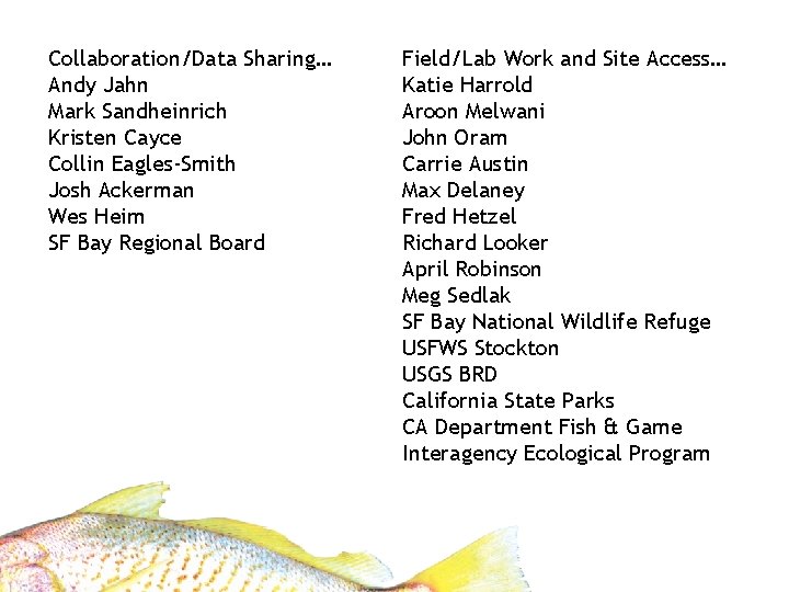 Collaboration/Data Sharing… Andy Jahn Mark Sandheinrich Kristen Cayce Collin Eagles-Smith Josh Ackerman Wes Heim