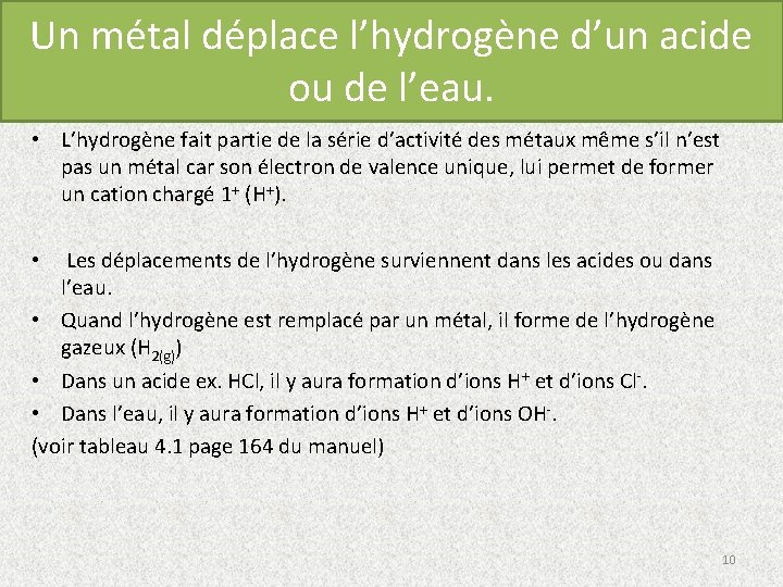 Un métal déplace l’hydrogène d’un acide ou de l’eau. • L’hydrogène fait partie de