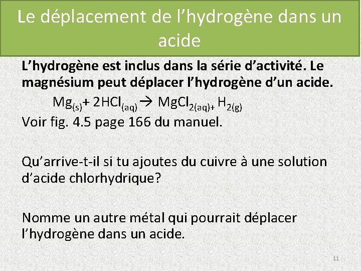 Le déplacement de l’hydrogène dans un acide L’hydrogène est inclus dans la série d’activité.