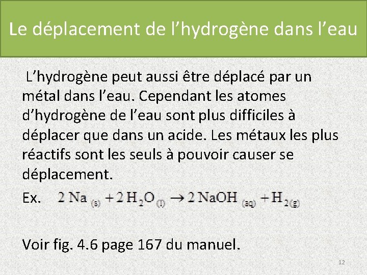Le déplacement de l’hydrogène dans l’eau L’hydrogène peut aussi être déplacé par un métal