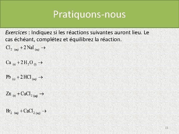 Pratiquons-nous Exercices : Indiquez si les réactions suivantes auront lieu. Le cas échéant, complétez