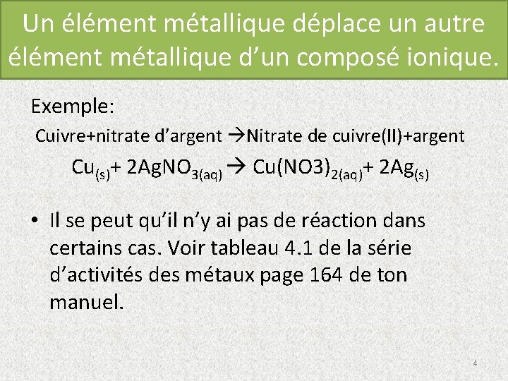 Un élément métallique déplace un autre élément métallique d’un composé ionique. Exemple: Cuivre+nitrate d’argent