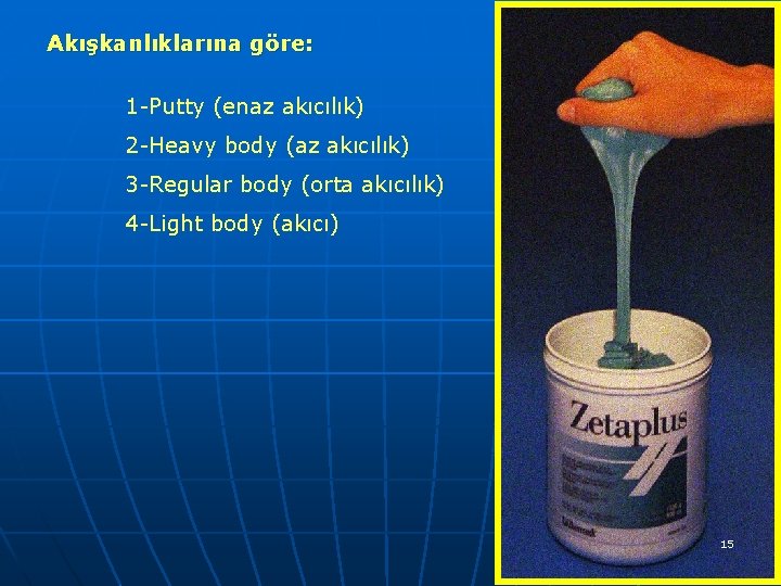 Akışkanlıklarına göre: 1 -Putty (enaz akıcılık) 2 -Heavy body (az akıcılık) 3 -Regular body