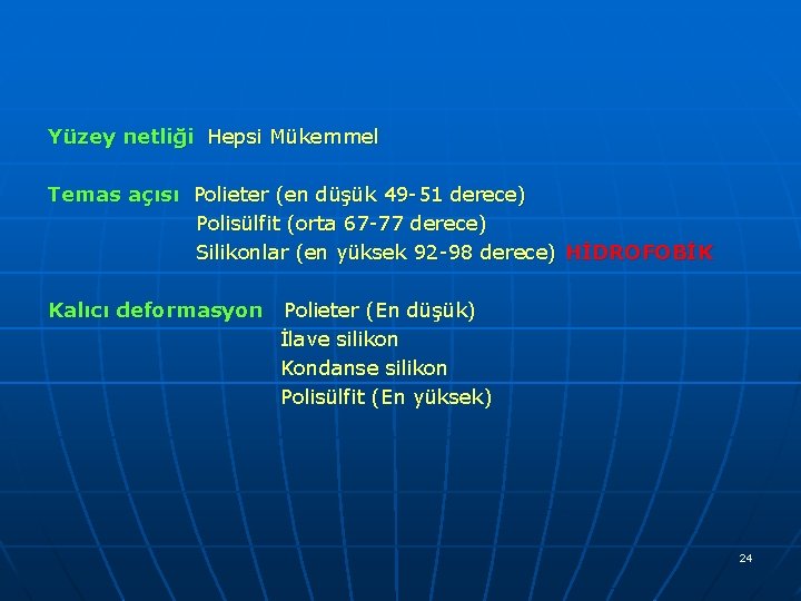 Yüzey netliği Hepsi Mükemmel Temas açısı Polieter (en düşük 49 -51 derece) Polisülfit (orta