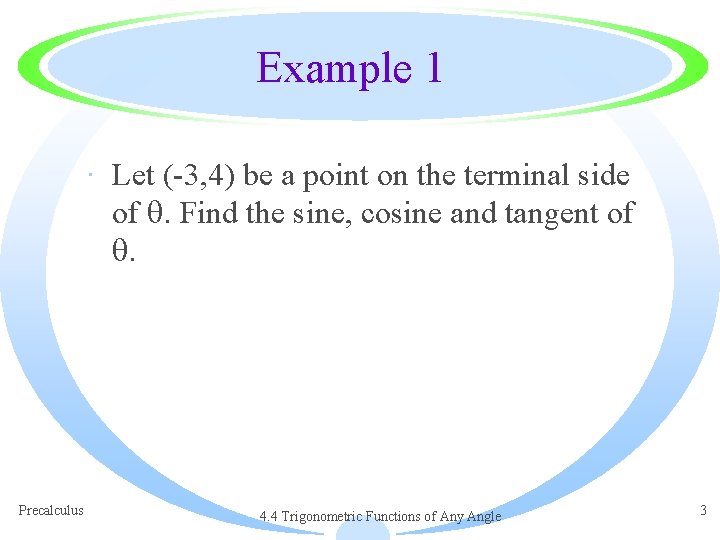 Example 1 · Let (-3, 4) be a point on the terminal side of