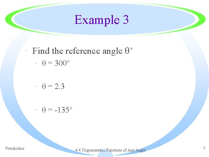 Example 3 · Find the reference angle ’ · = 300° · = 2.