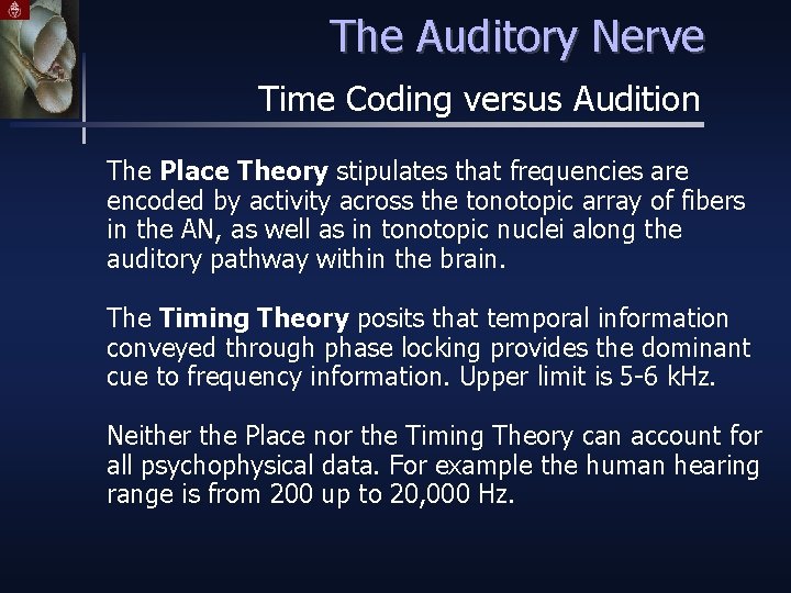 The Auditory Nerve Time Coding versus Audition The Place Theory stipulates that frequencies are