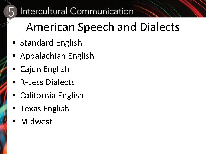 American Speech and Dialects • • Standard English Appalachian English Cajun English R-Less Dialects