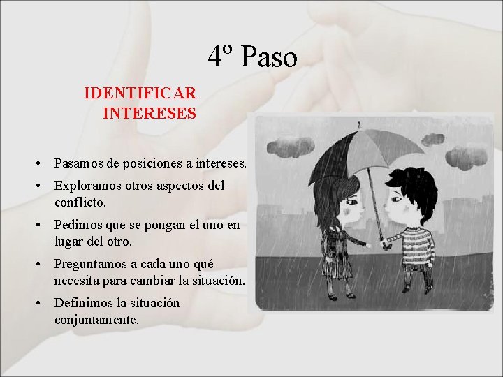 4º Paso IDENTIFICAR INTERESES • Pasamos de posiciones a intereses. • Exploramos otros aspectos